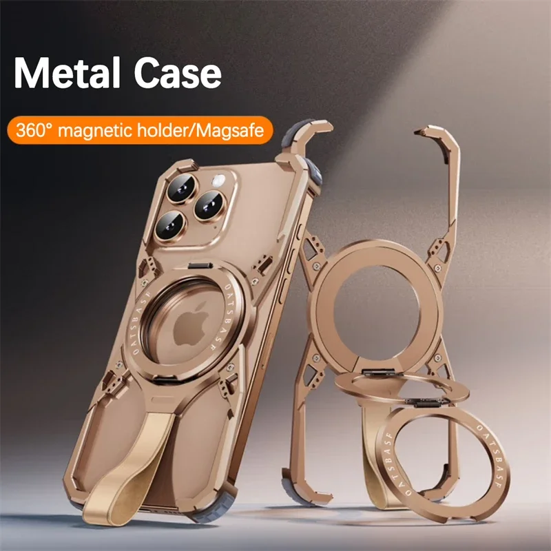 Luxury Metal Frame Magsafe Phone Case For iPhone 16Pro 16ProMax 360° Magnetic Bracket Aluminum Alloy Frameless Shockproof Cover 2