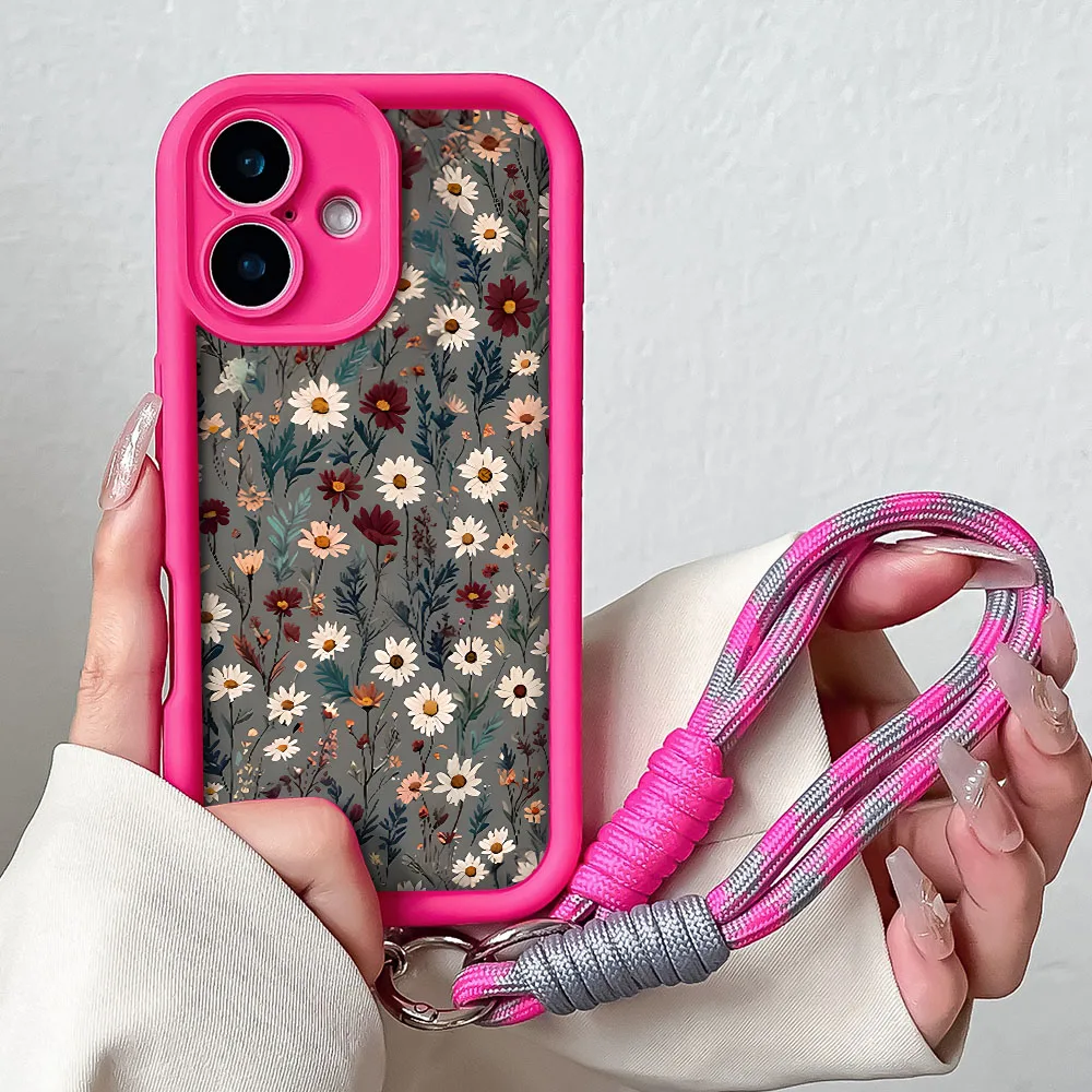 Elegant Daisy Flower Phone Case with Wrist Chain and Hand Strap