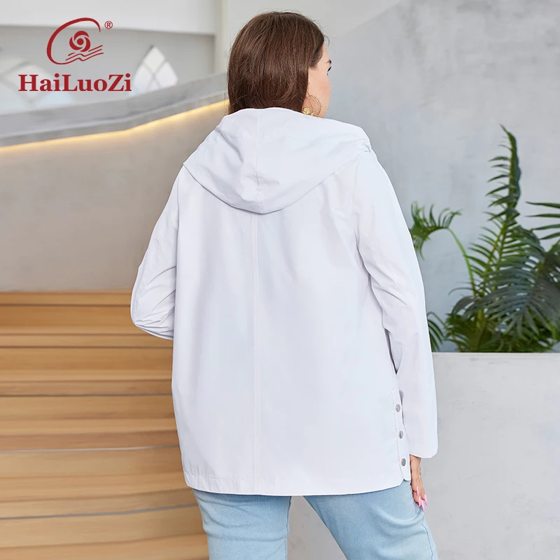 HaiLuoZi 2023 New Women Plus Size Trench Coat Hooded Windbreaker High-quality Casual Slant Zipper Female Short Jackects 731