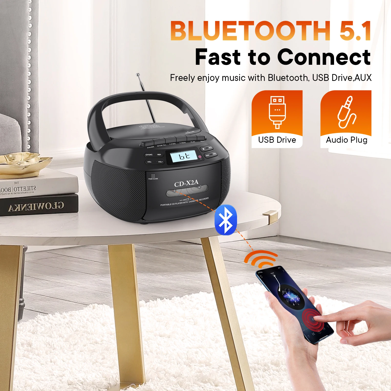 Portable CD Player boomox cassette player combo with Bluetooth AM FM radio plays AUX USB MP3 with remote control AC/DC powered