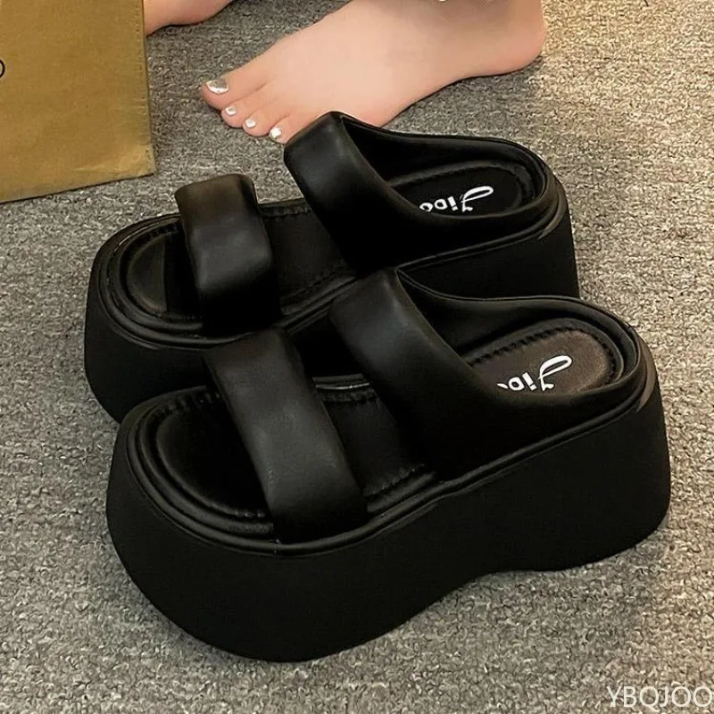 Summer 2025 Women's Fashionable Wedge Heels Slides Chunky Sandals High Heels casual Woman Beach Thick Bottom comfort Flip Flops — view 3