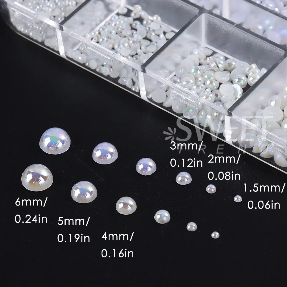 12 Grids Aurora Pearl Nails Art Decoration White Flatback Round Beads Jewelry Summer DIY Charm Elegant Wedding Accessories Parts