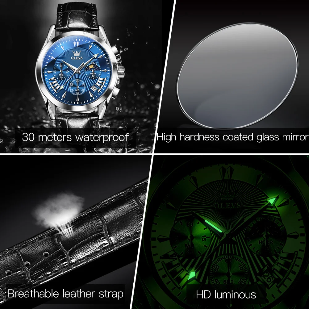 OLEVS Multifunctional Mens Watches Top Brand Luxury Leather Waterproof Sports Chronograph Quartz Watch Men Relogio Masculino