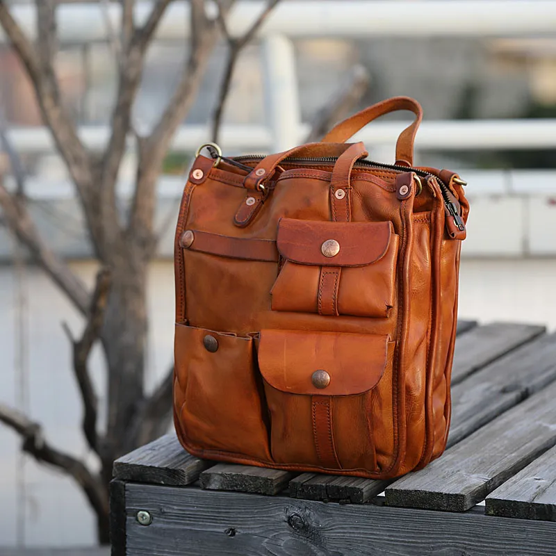 

Vintage luxury genuine leather men multi-pocket handbag outdoor travel designer high quality real cowhide work shoulder bag