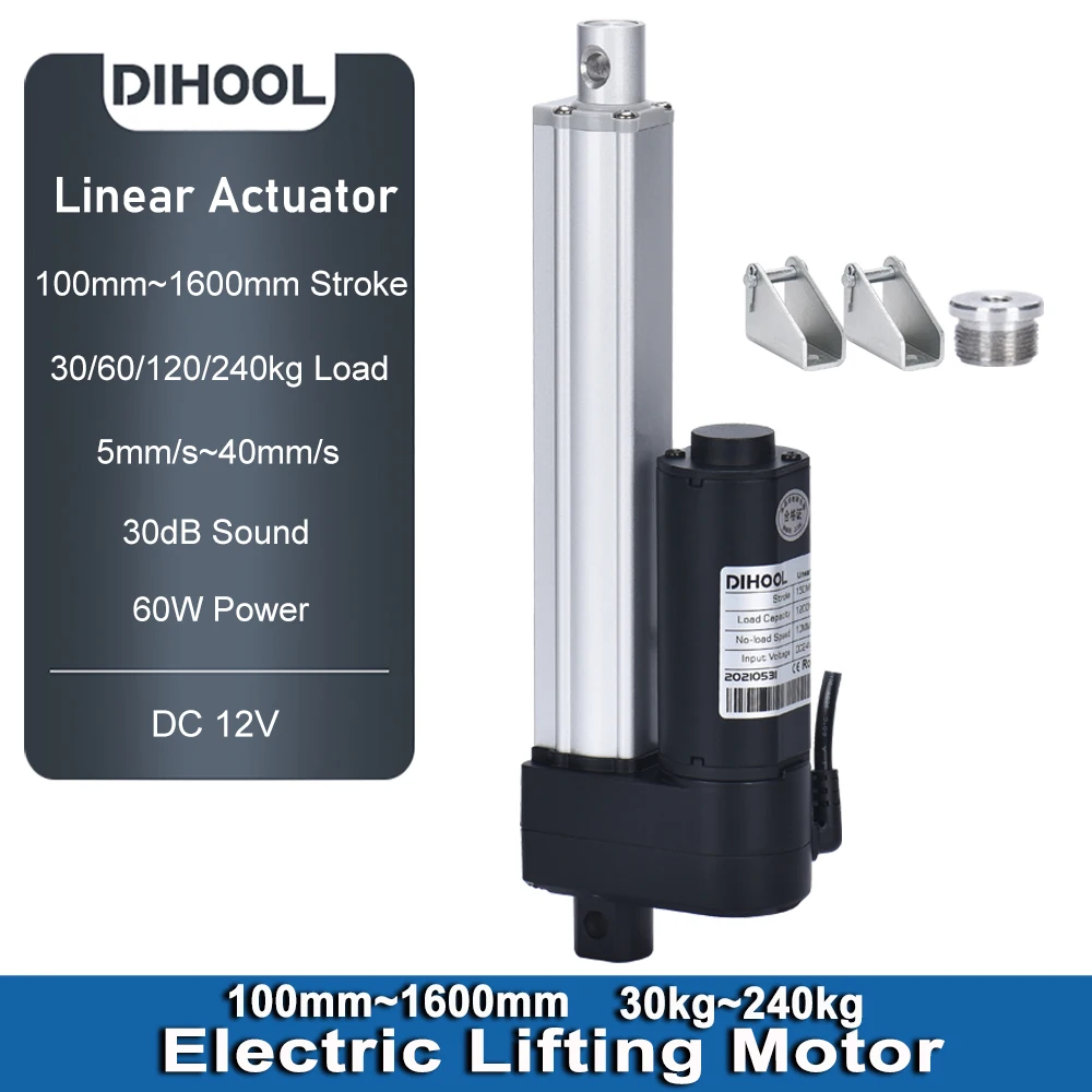 

DC12V linear actuator 100MM~1600MM stroke 30kg~240kg load 5mm/s~40mm/s 60W electric lifting motor for RV/Solar/Windows/Car