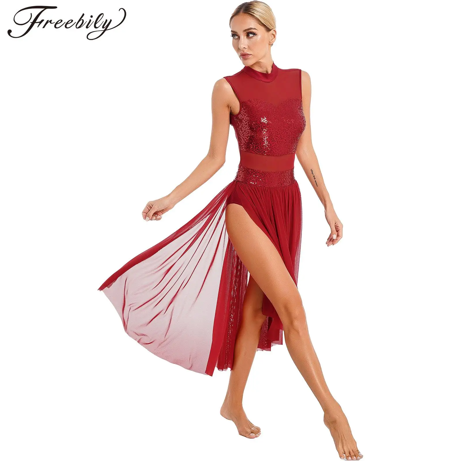 

Womens Sequins Ballet Gymnastic Leotard Dress Sleeveless Sheer Mesh Contemporary Lyrical Dance Dress Stage Performance Costumes