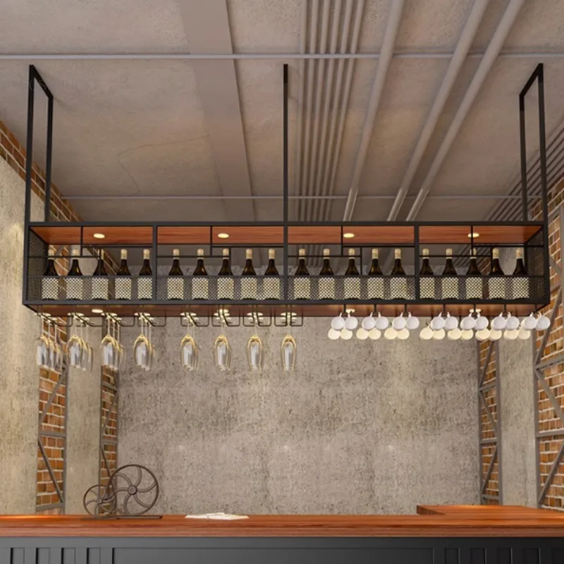 Modern Wrought Iron Wine Rack Display Cabinet with Light Bar Restaurant Minimalist Hanging Wine Cabinets Showcase Goblet Hanger