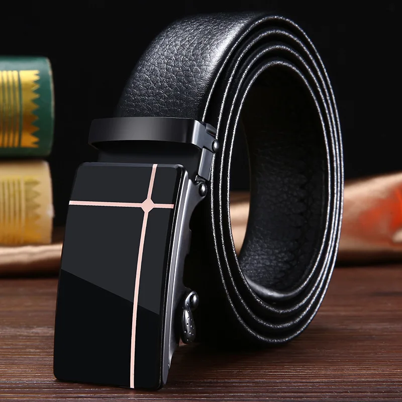 Fashion and Casual New Acrylic Business Luxury PU Leather Automatic Buckle Men's Belt, Adornment for Middle and Young People