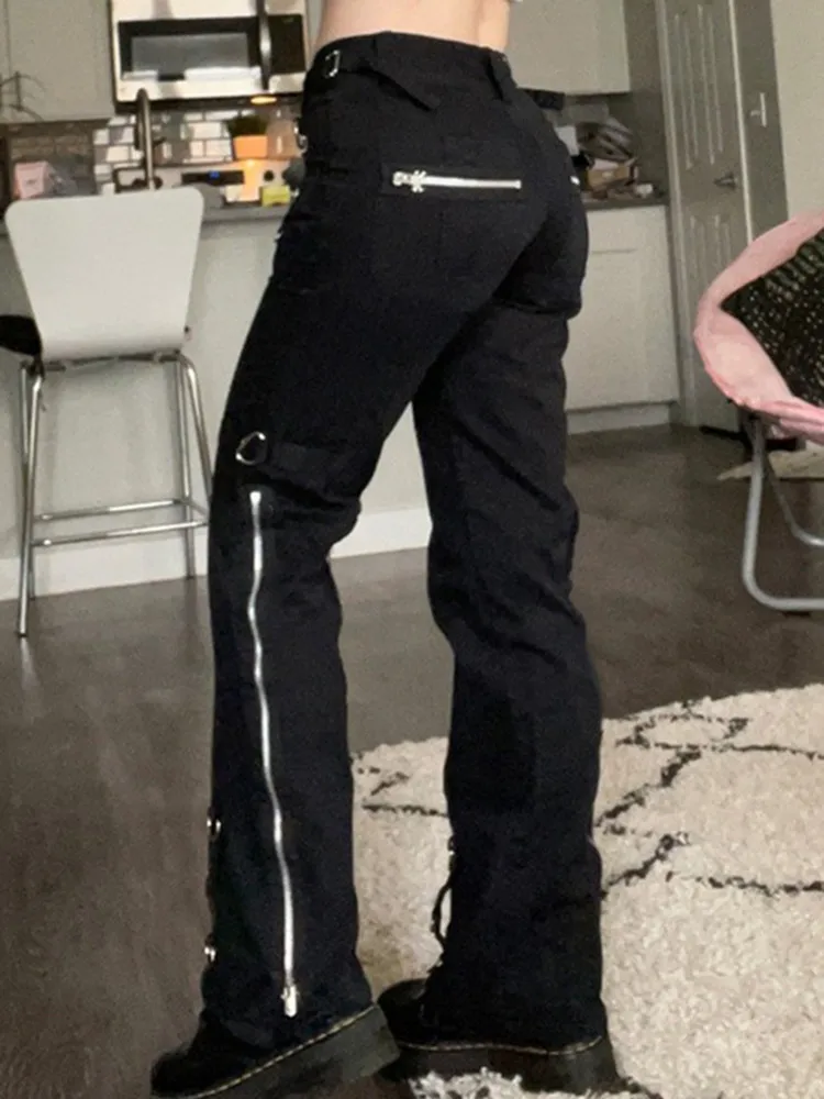 Gothic Skinny Jeans - Emo Low Waist Cargo Pants With Sequins