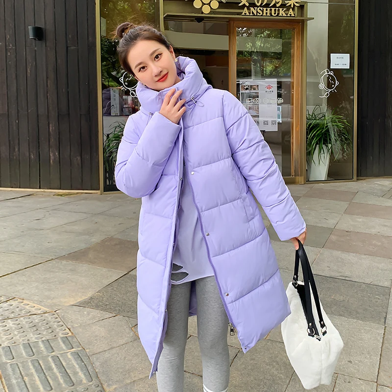 

H Women's Autumn Winter Hooded Collar Drawstring Button Long Parka For Ladies Zipper Loose Warm Cotton Coat