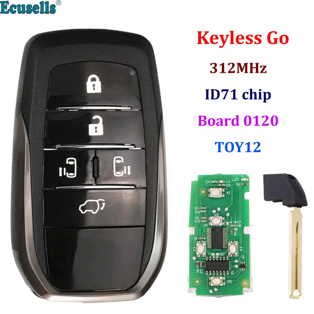 

Ecusells 5 Button Keyless Go Smart Remote Key 312MHz ID71 Chip for Toyota Previa Alphard with Uncut TOY12 Blade Board 0120
