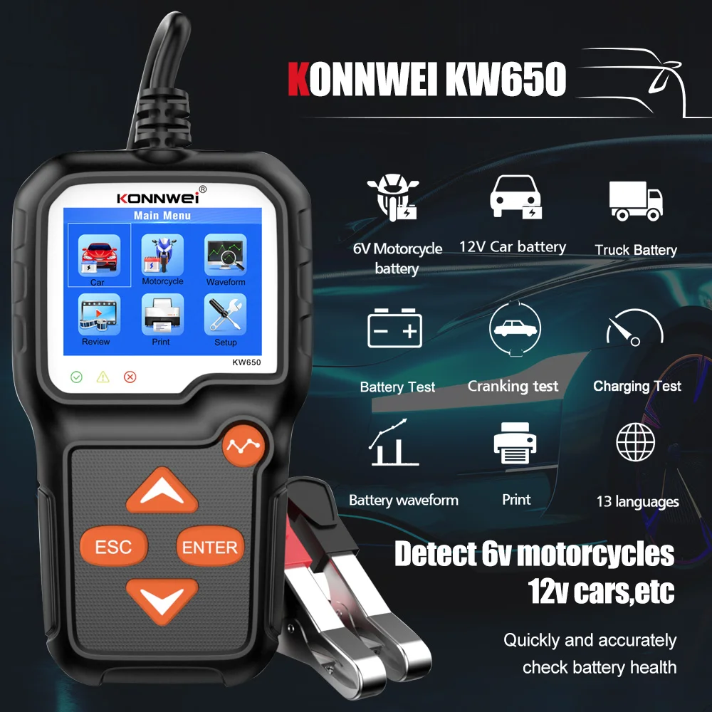 KONNWEI KW650 자동차 오토바이 배터리 테스터, 6V 12V 자동 배터리 분석기, 100  2000 CCA 자동차 모토 크랭킹 충전 테스트 도구