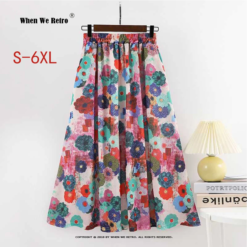 

High Elastic Waist Long Skirts Spring Summer New Loose Plus Size Floral Print A-line Skirt Vintage Women Bohemian Skirts RS952