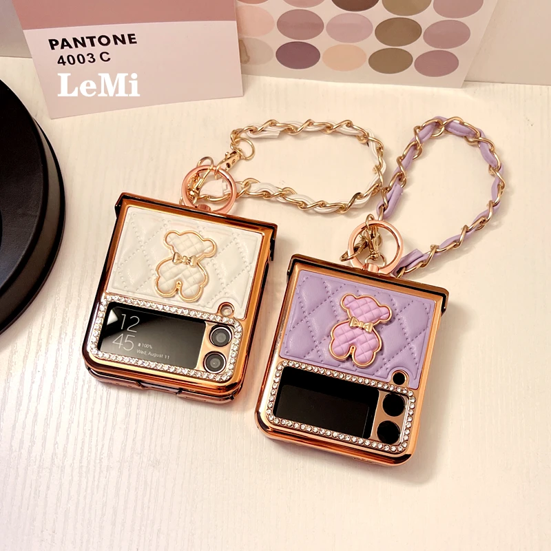 For Samsung Galaxy Z Flip 4 Case Ring Rhinestone Rhombus Leather Phone Case Z Flip4 Hinge Protective Cover phone case