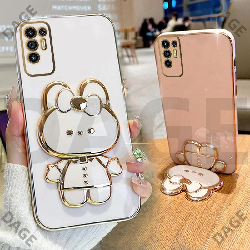 Placcatura Cartoon Rabbit Makeup Mirror Holder Involucro Per Motorola E20 E6S 2020 E7 Plus Power Edg E20 G30 G20 G10 Stand Cover