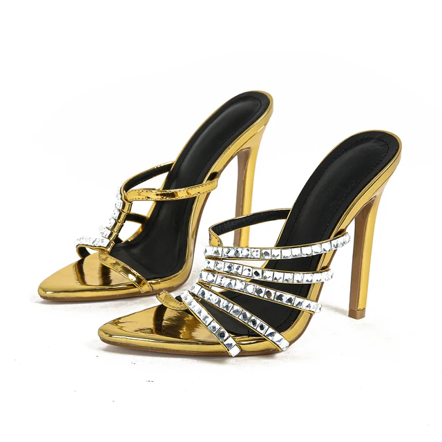 Pointed Peep Toe Rhinestone Strap Slip On Slides 16