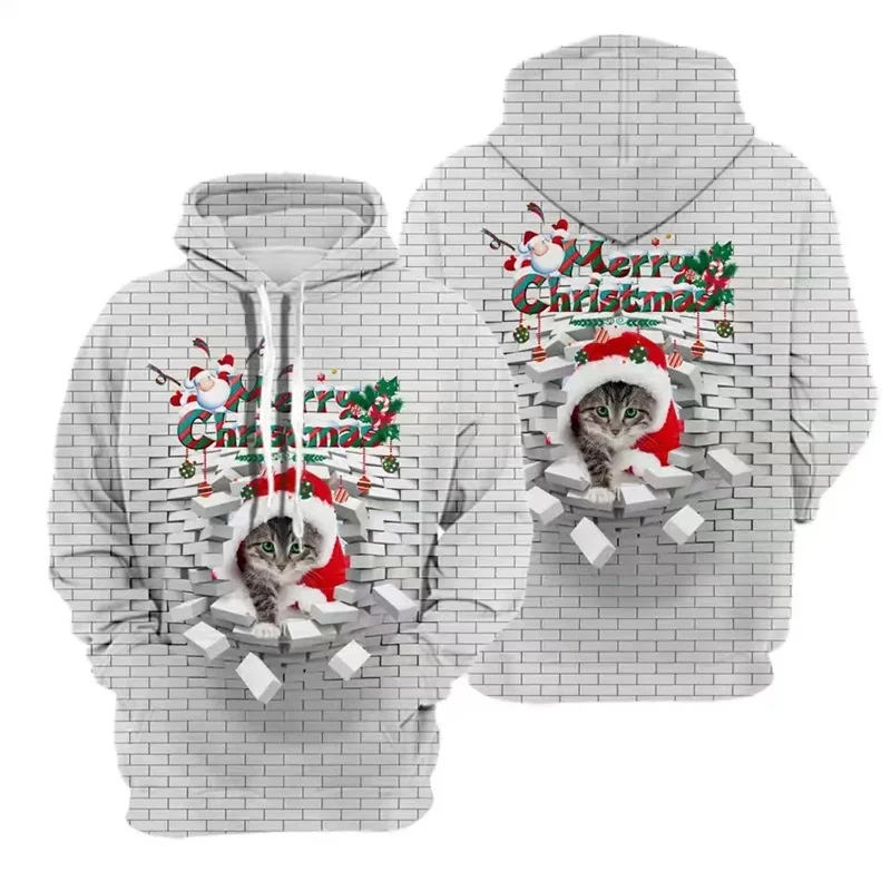 thumbnail image 1 of Sudadera con capucha navideña para hombre, con estampado 3D de animales, gatos, pared rasgada, sudaderas con capucha y sudaderas de manga larga, 1 of 4