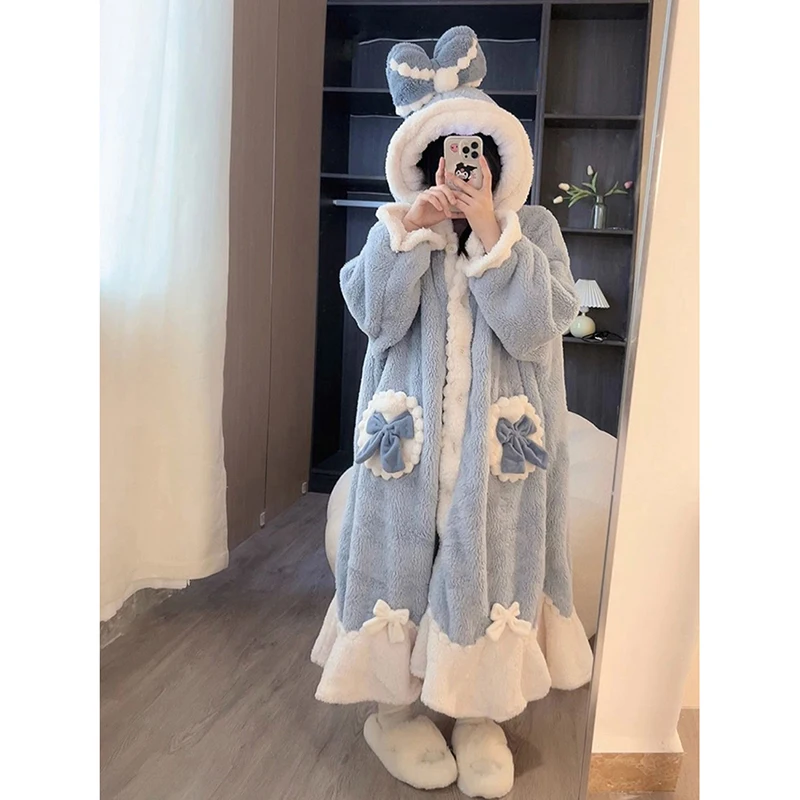 Bow Robe for Women Sleepwear Nightdress Winter Night Wears Cute Fleece Pajama One Piece Nightgown Hooded Long Sleeve Homewear