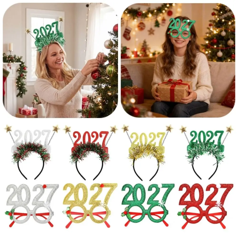 2027 New Years Eve Headband & Party Glasses Sequin 2027 Happy New Year Headband Cute Creative Glitter Hair Hoop Photo Prop Colorful Christmas Headpiece Party Decoration 3