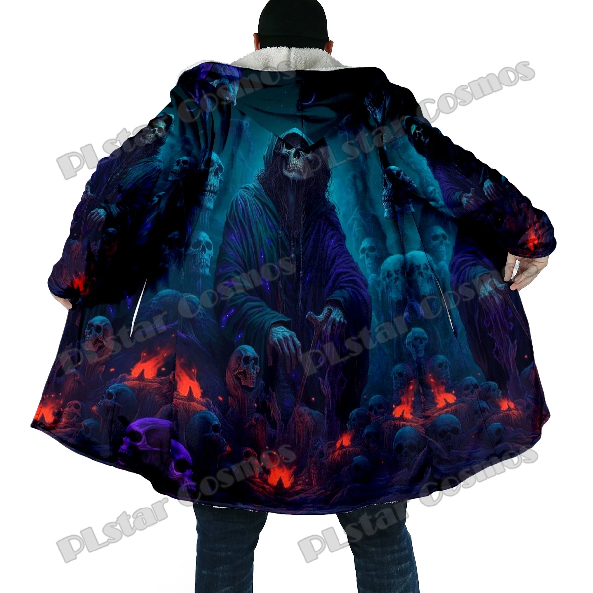 Winter Fashion Men's cloak Halloween Crow Skull Pattern 3D Printed Thick Fleece Hooded Cloak Unisex Casual Warm Cape Coat DP61