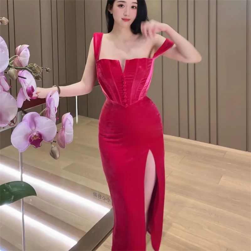 

Женское бархатное платье на подтяжках, розово-красное тонкое приталенное платье в винтажном стиле с V-образным вырезом, сексуальное Ретро платье для вечерние на осень и зиму