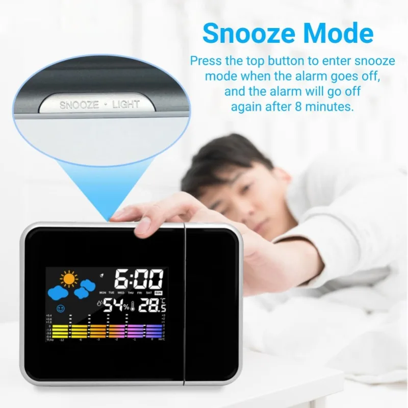 Color Screen Digital Projection Weather Alarm Clock, Electronic LED Adjustable Angle Projection Intelligent Alarm Clock