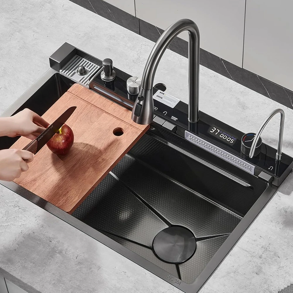 Nano Kitchen Sink 201 Stainless Steel Kitchen Waterfall Sink Digital Display Large Single Dish Basin Faucet