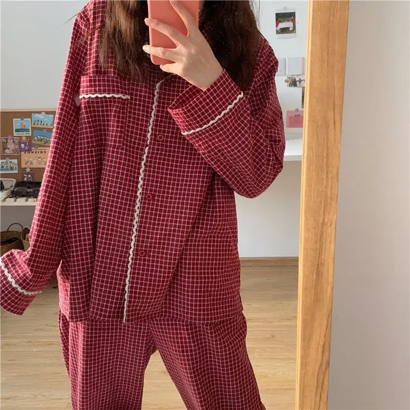 Pajama Sets Women Home Autumn Plaid Vintage Sleepwear Girls Cozy Lounge Classic Tender Korean Style Soft Comfort Chic Dormitory