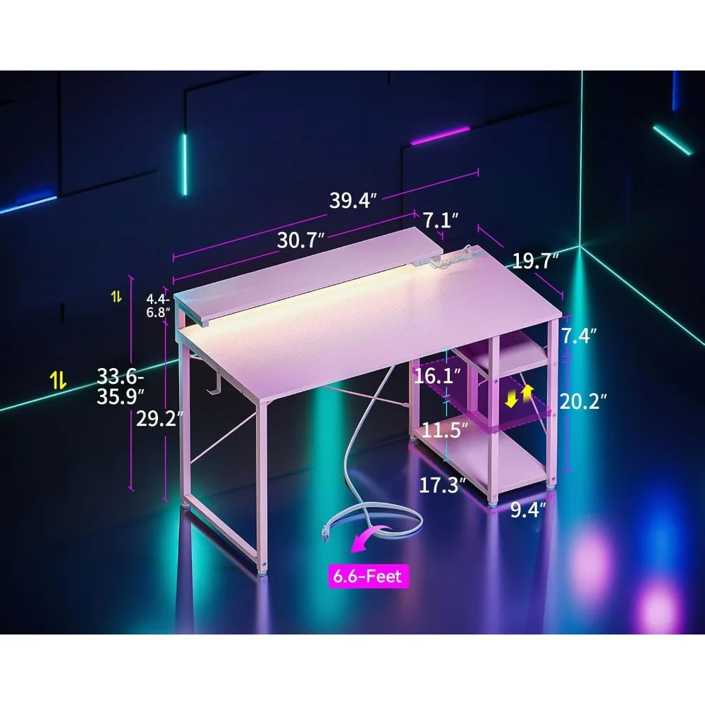 illuminated gaming desk with integrated power outlet, compact 40-inch desk with storage shelves, versatile adjustable gaming des