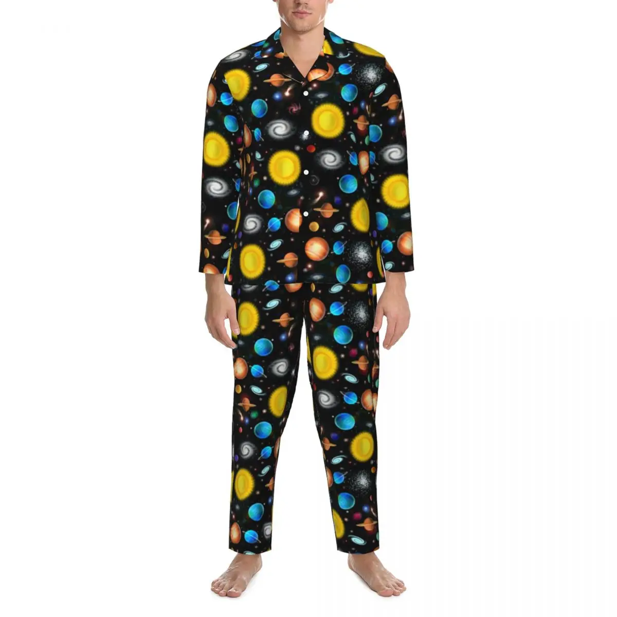 

Pajamas Men Gold Moon Print Room Sleepwear Colorful Astronomy Space 2 Pieces Loose Pajamas Set Long-Sleeve Oversize Home Suit