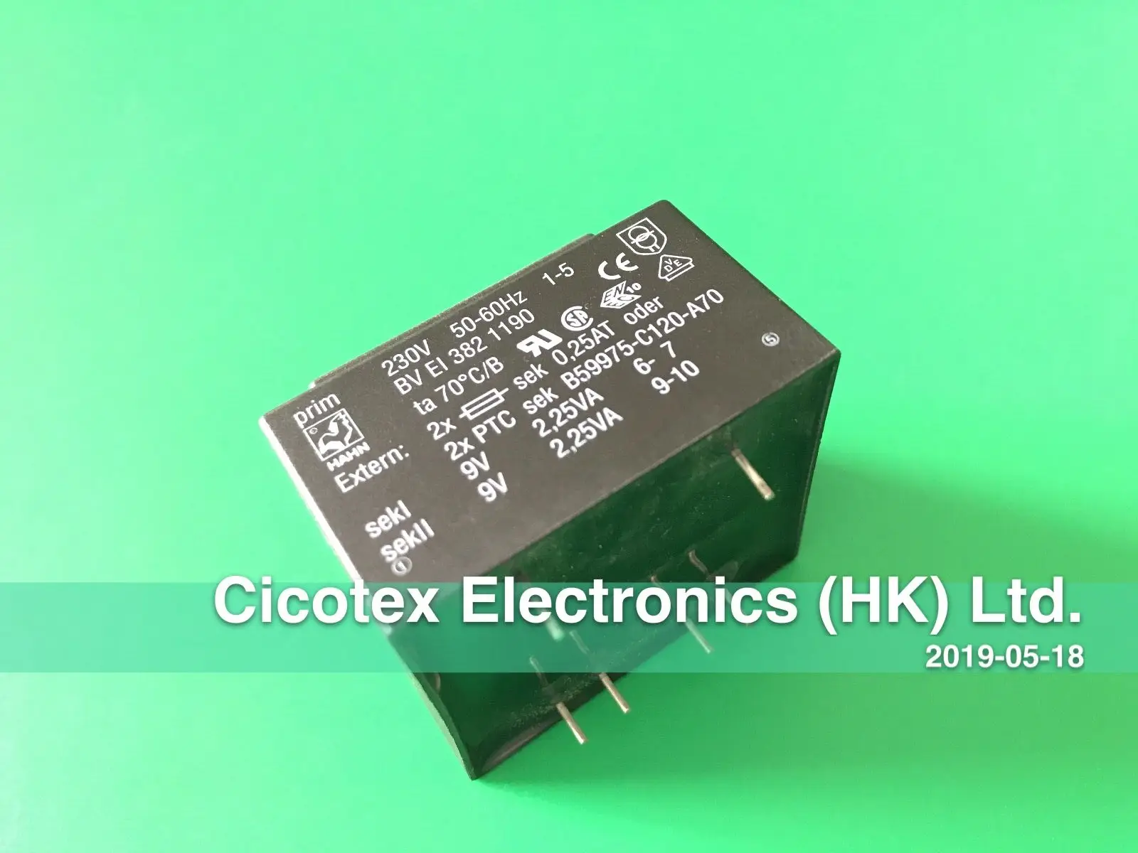 BVEI3821190 Transformer encapsulated 4.5VA 230VAC 9V 2,25VA 250mA 0.25AT 150g 230V 50-60Hz 1-5 BV EI 382 1190 electronic ballast