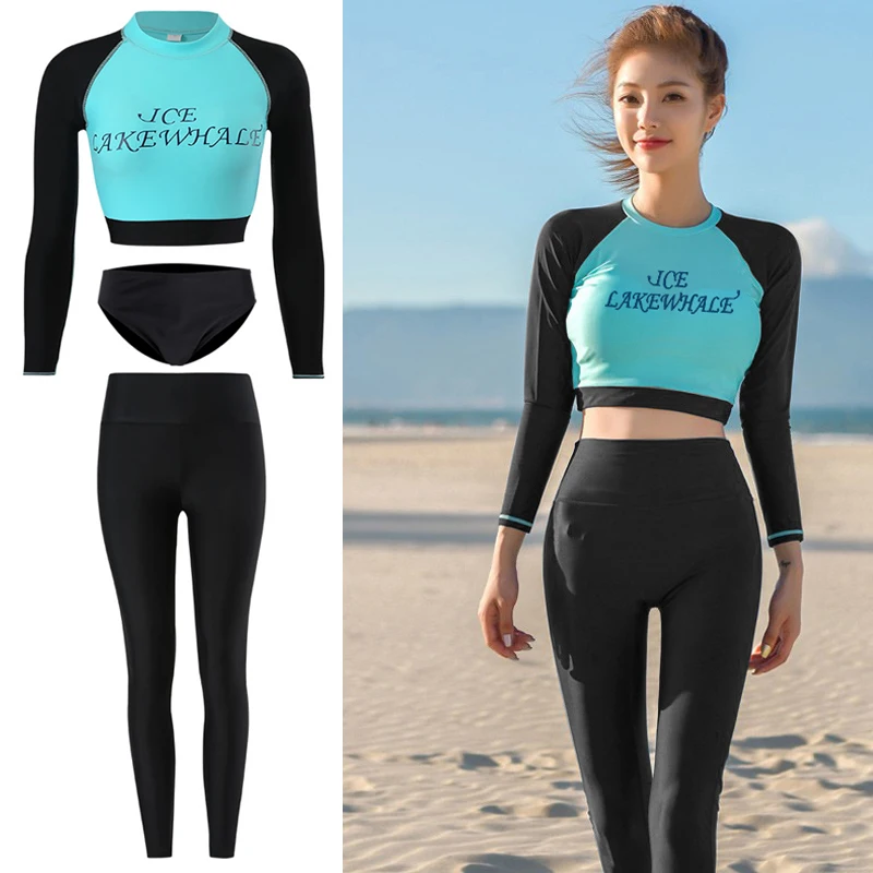

Women Summer Swimming SUit 3 Pieces High Waisted Korean STyle Sports Wear Surfing Suit Rashguards Long Sleeves Padded Swimwear