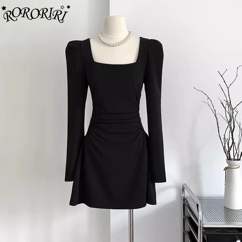 

RORORIRI Retro Black Square Neck Mini Dress Women Pretty Elegant Puff Long Sleeves Pleated Solid Casual One-piece Formal Dress