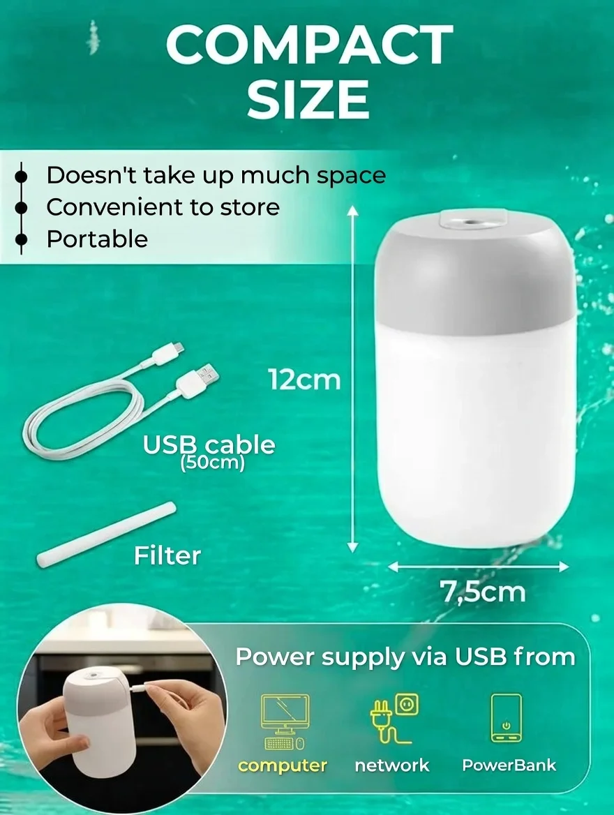 USB 가습기 300ml 야간 조명 포함 | 미니 에센셜 오일 아로마 디퓨저 | 조용한 쿨 미스트 초음파 가습기 (사무실 책상, 침실용)