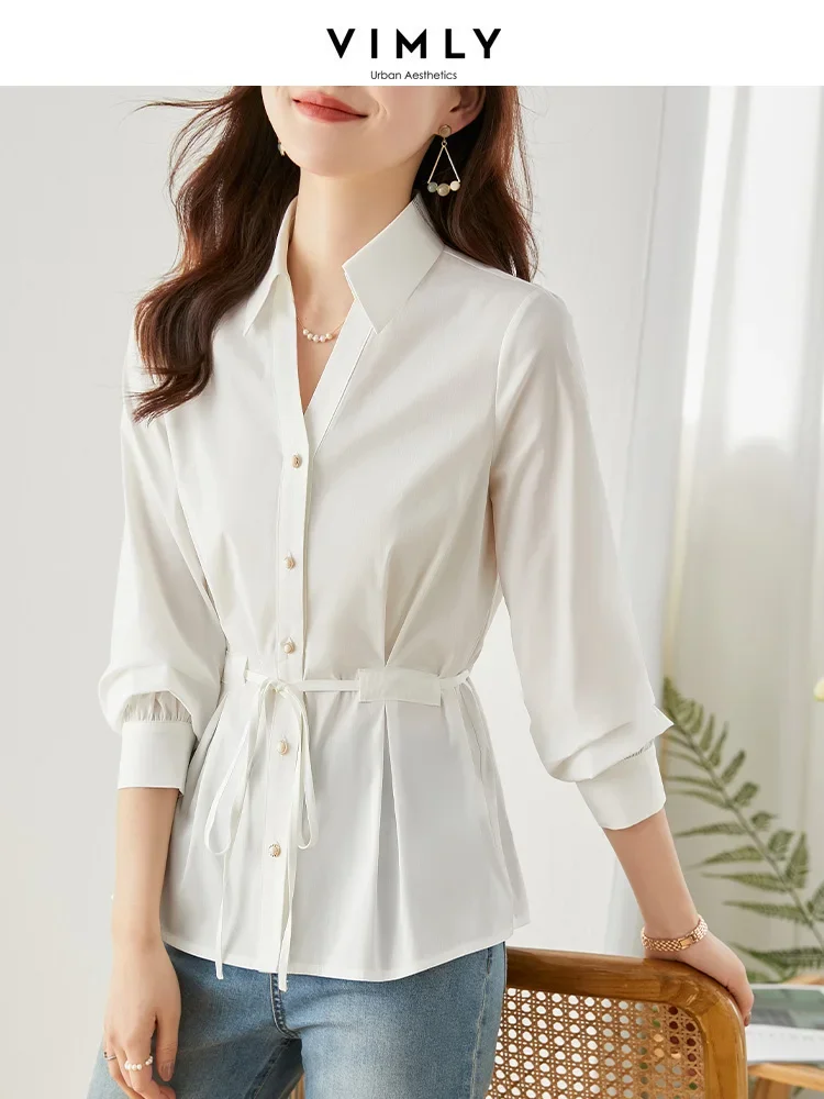 Vimly Chic Tops Blouse 2023 Spring New Commuter Design Turn-down V Collar Belt Elegant Slim Long Sleeve Blue White Shirt V7839