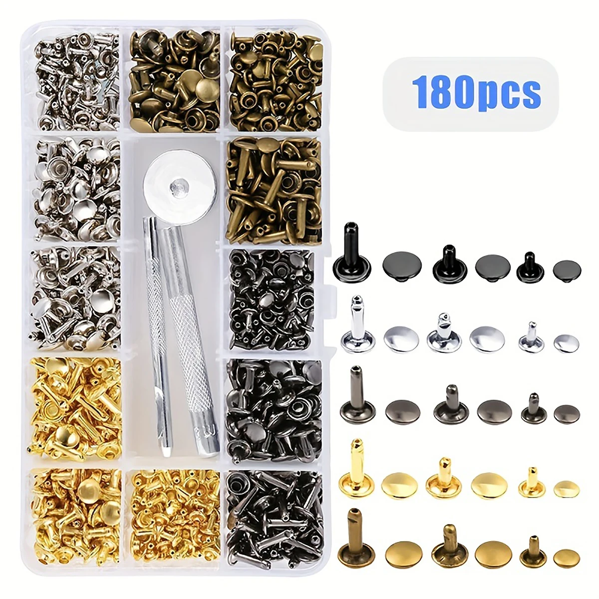 Leather Rivets Leather Rivets 3 Sizes Double Cap Rivet Tubular Metal Studs Kit for Leather Craft Repairs Tool Decoration