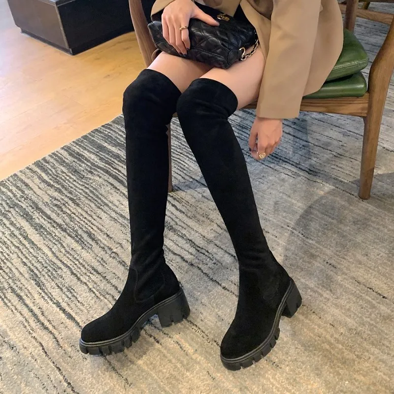 

Thick Platform Winter Boots Slip On Warm Thigh High Boots Over-The-Knee High Boots Leather+Stretch Woman Shoes On Heel 6 CM