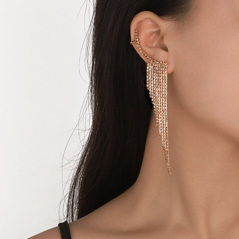

Versatile Shiny Fringed Rhinestone Ladies Earrings Long Light Luxury Color Zircon Ear Clip Jewelry Gift