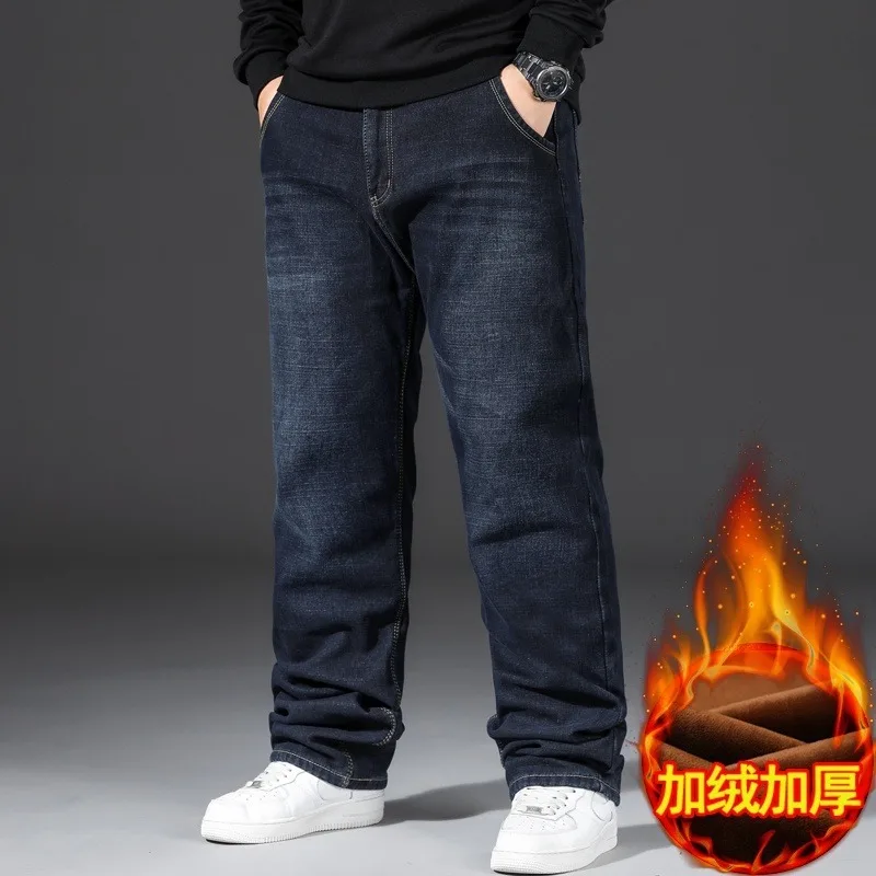 Plus Size Denim Jeans Men Thick Autumn and Winter Fleece Pants Loose Straight High Quality Casual Elastic Warm Fashion Trousers 6