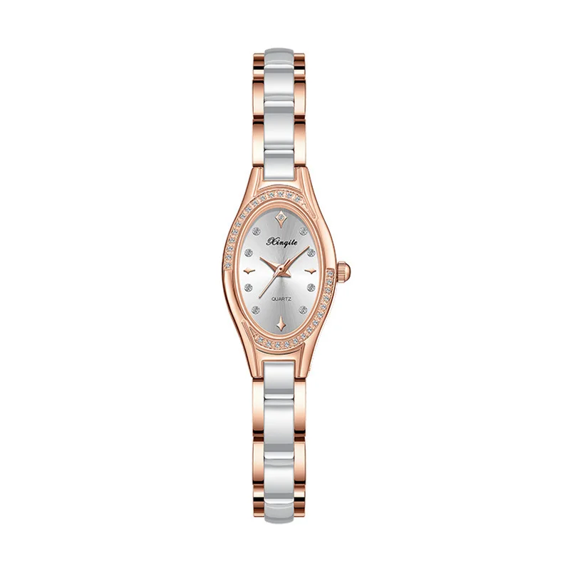 NewTop Brand Luxury Small Size Diamond Oval Ladies Wristwatches White Ceramic Bracelet Female Quartz Watch Rose Gold Steel Style