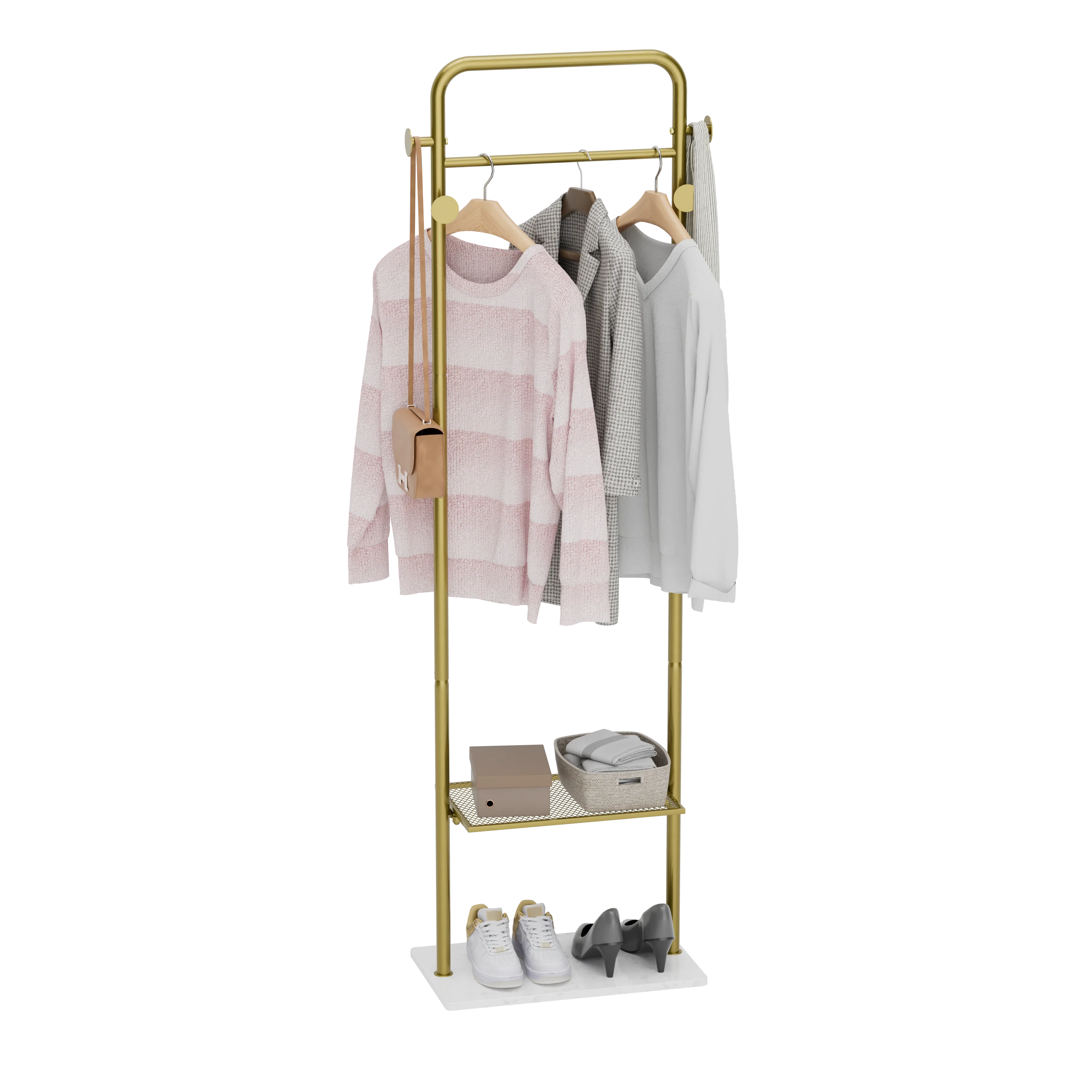Corner Clothes Stand Freestanding Golden Metal Coat Rack Entryway Garment Stand with 4 Hooks for Home Clothes Organization