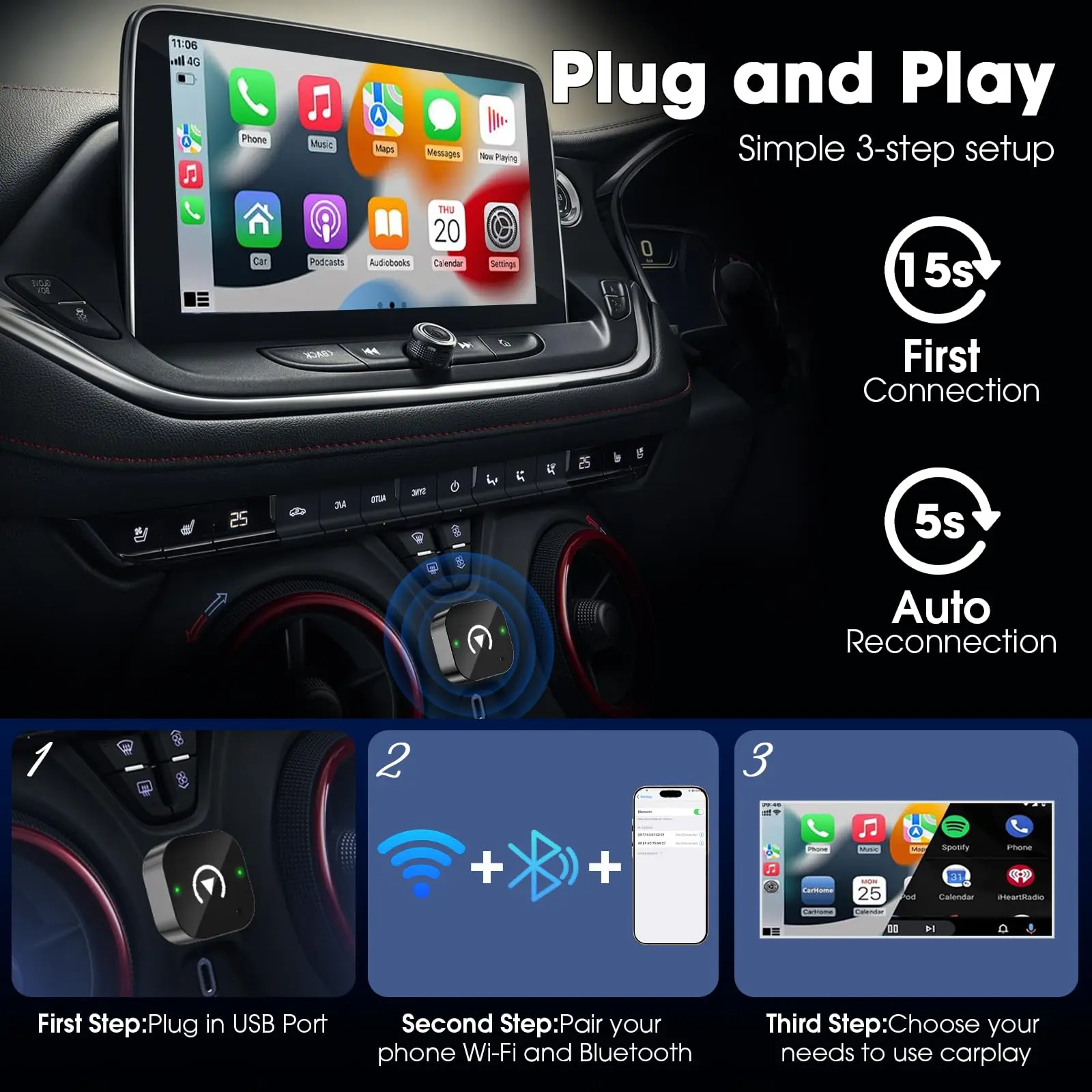 Wireless Carplay Adapter Plug and Play Wired to Wireless Dongle for iPhone iOS Auto Car Navigation