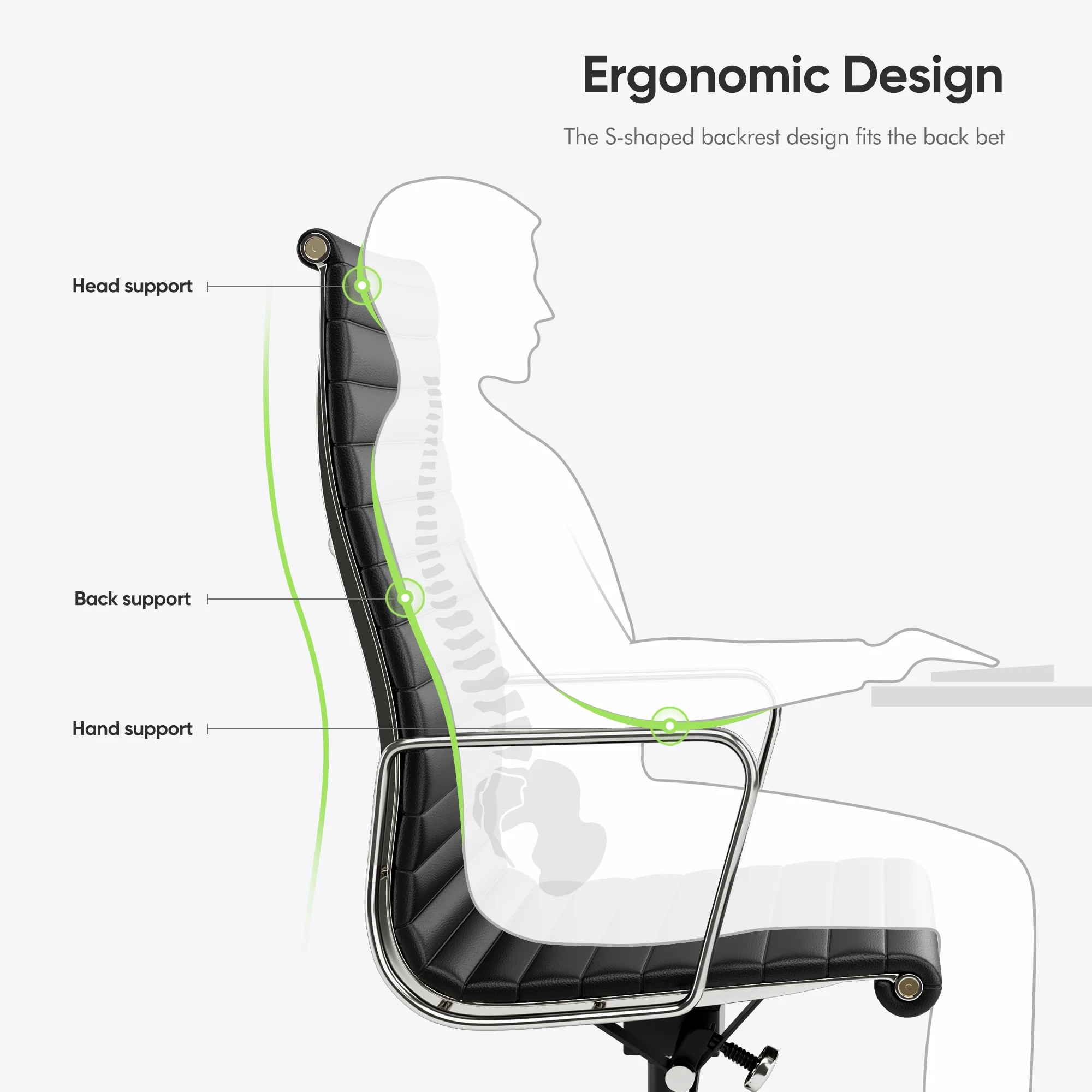 High Back Ribbed Genuine Leather Office Chair Adjustable Ergonomic Computer Chair with Aluminium Alloy Frame  Swivel Chair 5