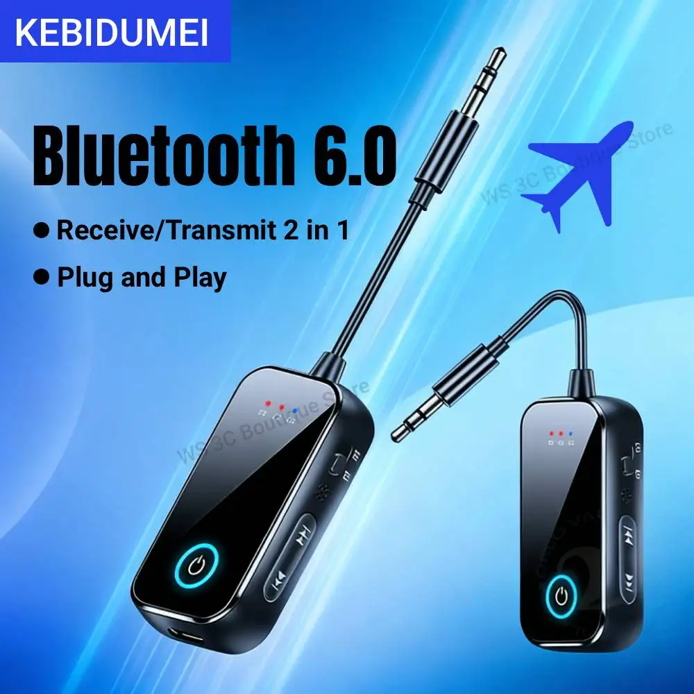 Transmetteur récepteur Audio AUX Bluetooth 6.0, adaptateur sans fil 2 en 1 3.5MM avec micro, musique stéréo HiFi pour voiture, TV, PC, avion