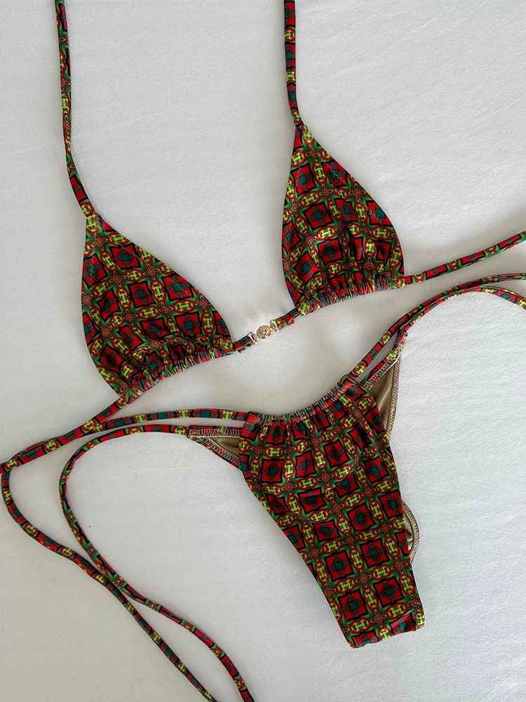 2025 New Sexy Low Waisted Micro Bikini Sets Swimsuit Swimwear Women Strappy Print Floral Halter Beachwear Bathing Suit biquini 1