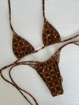 2025 New Sexy Low Waisted Micro Bikini Sets Swimsuit Swimwear Women Strappy Print Floral Halter Beachwear Bathing Suit biquini 1