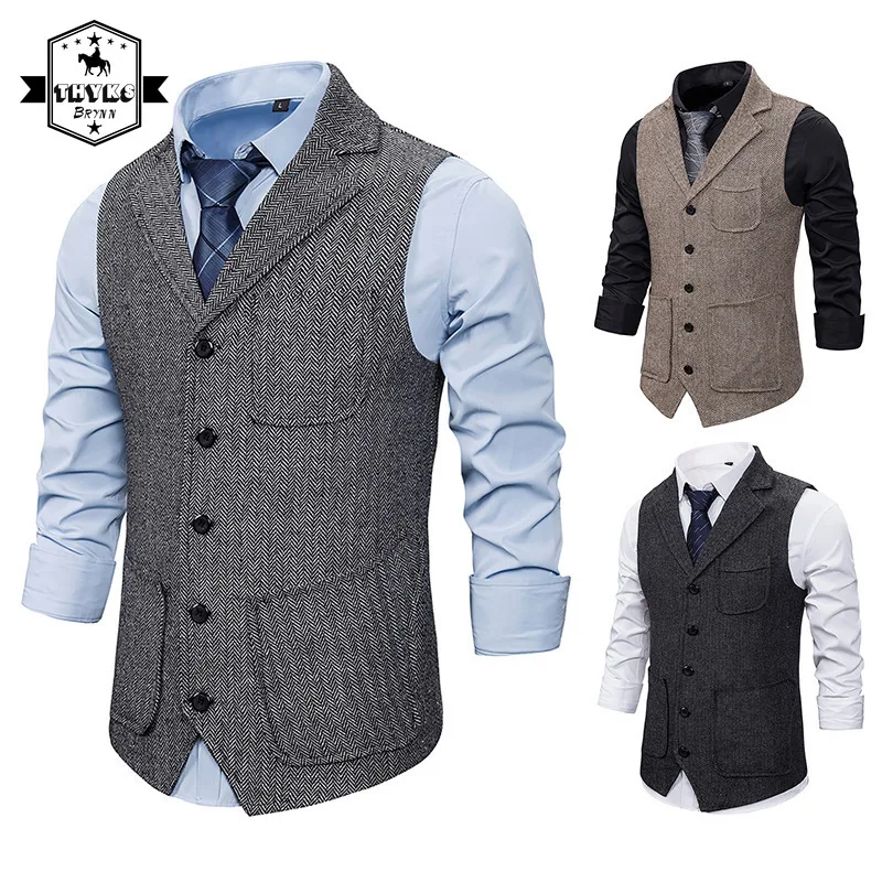 

Жилет мужской деловой из смеси хлопка, приталенный Повседневный жилет с лацканами в английском стиле для мужчин, однотонный деловой жилет для шафера, свадьбы