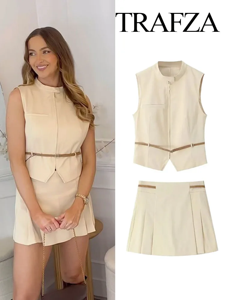 TRAFZA Women Elegant 2 Piece Set Chic Zipper Belt Decoration Solid Sleeveless Slim Vest Top Woman Mini Pleated Skirt Shorts