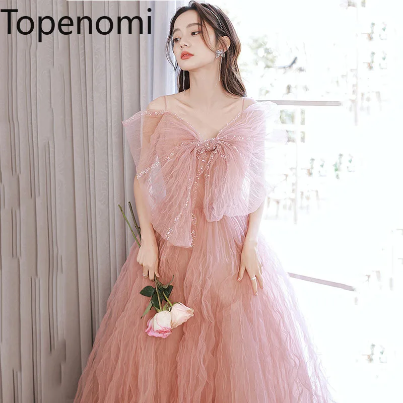 

Topenomi Pink Evening Dress Women Beading Bow Suspender Waist Mesh Long Prom Dresses 2024 Summer Temperament Fairy Formal Gown