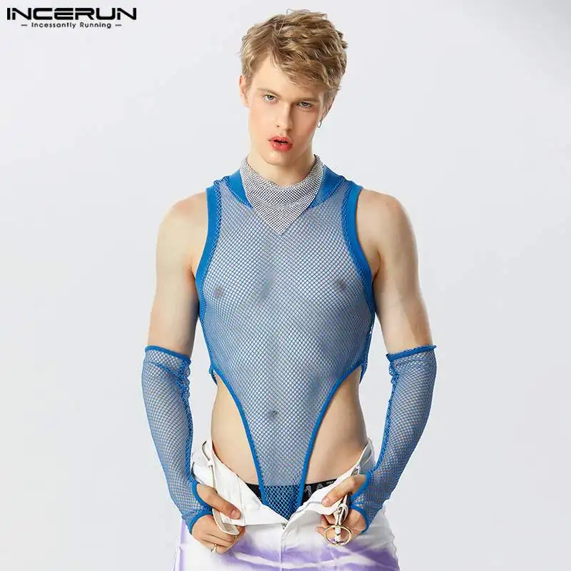 

INCERUN Sexy Homewear Jumpsuits Men's See-through Mesh Thimble Bodysuits Fashionable Male Hollow Thin Sleeveless Jumpsuits S-5XL